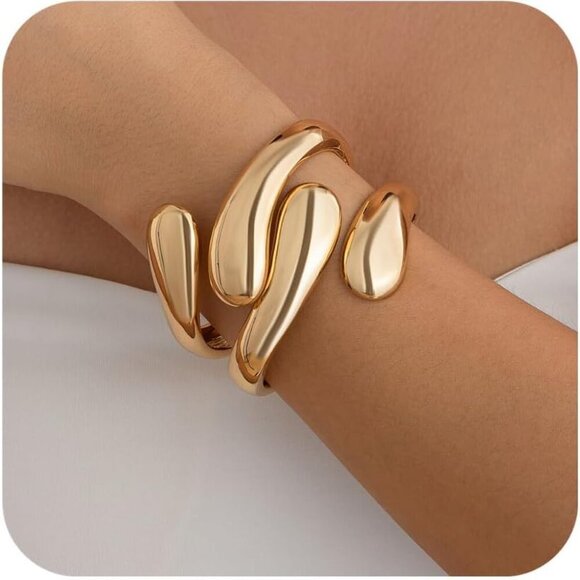 Gold Bangle Bracelets for Women Trendy Minimalist Chunky Cuff Statement Bracelet - Picture 1 of 6